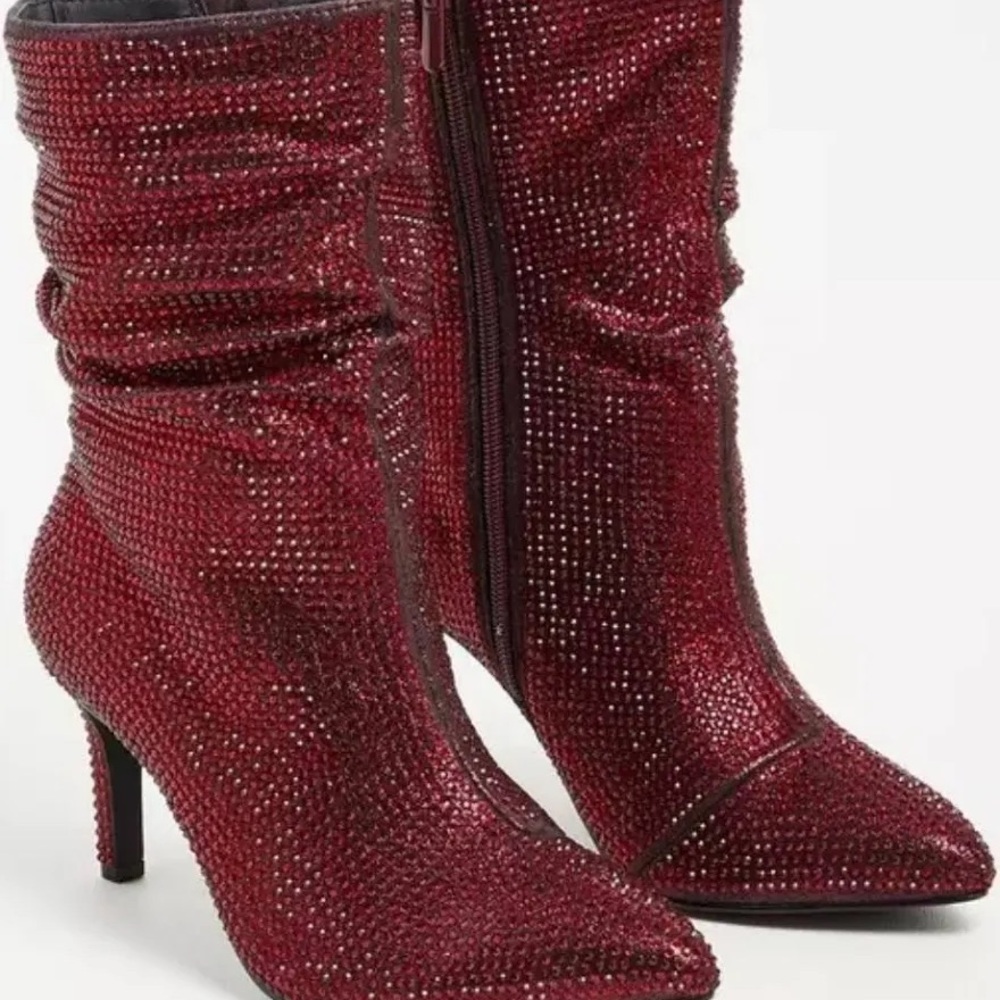 torrid Burgundy Crystal-Embellished Pointed Toe Booties